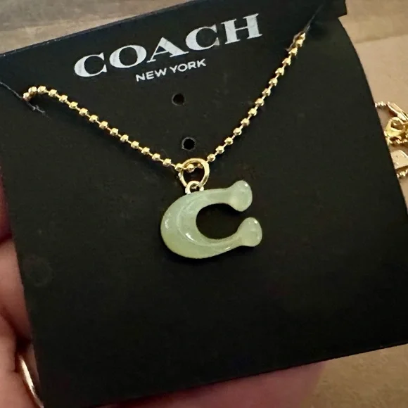 Coach Translucent Jade Green “C” Pendant 18k/.925 Necklace - Picture 5 of 9